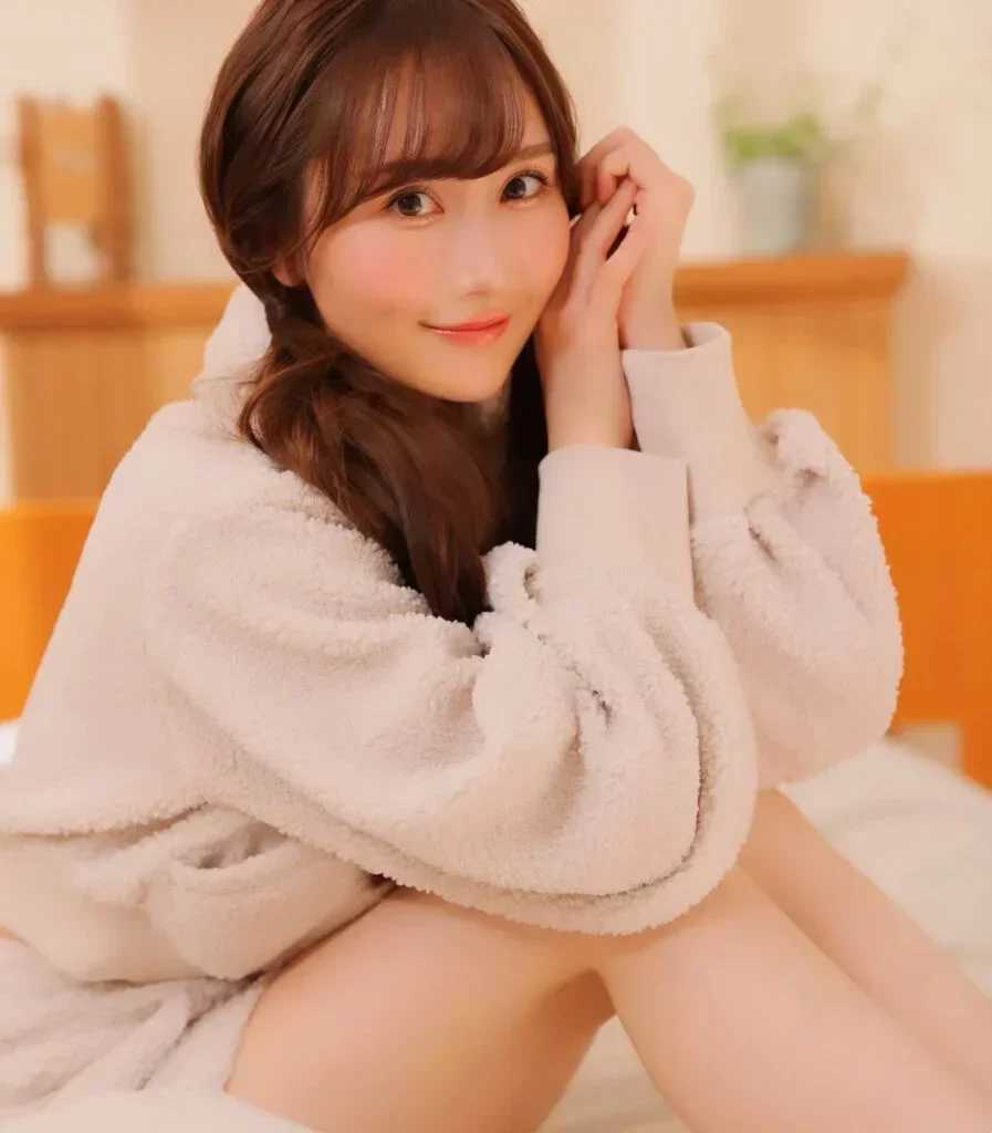 綺々羅々ヴィヴィの中の人である矢倉楓子のビジュアル。白いモコモコのルームウェアを着ている