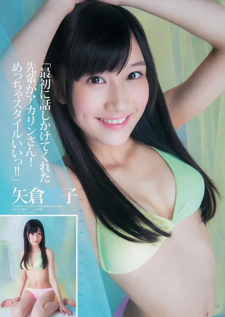 綺々羅々ヴィヴィの中の人である矢倉楓子のビジュアル。黄緑色の水着を着ている